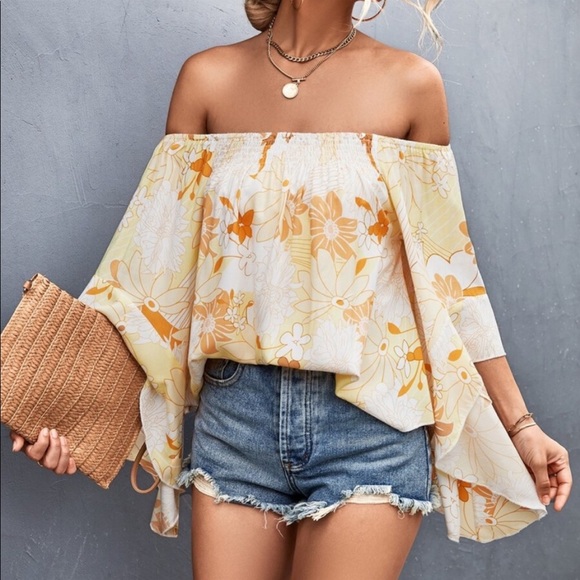 Boho Floral Print Off Shoulder Top Blouse - Picture 15 of 17